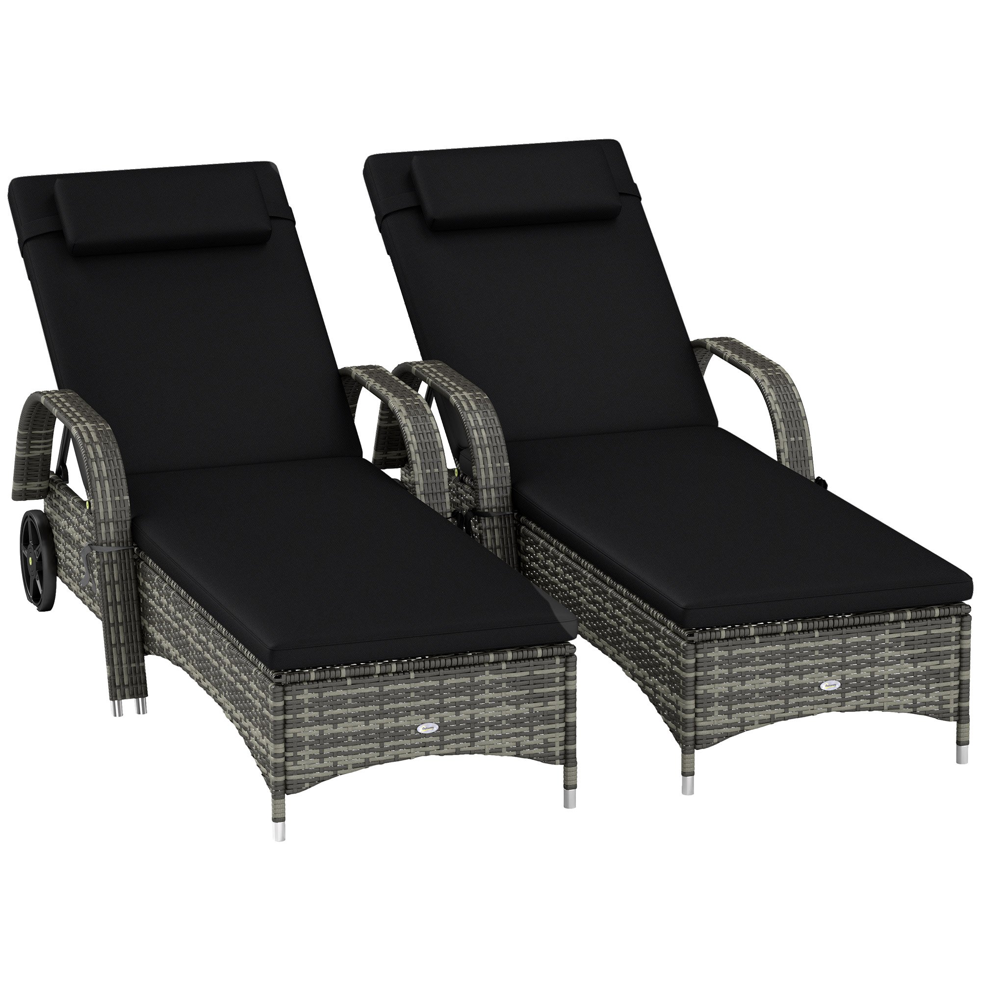 2 Reclining Chaise Lounge Chairs, Rolling Outdoor Chairs With Cushion, Pillow, Headrest, Armrests, And Wheels, Black (Color: Black)