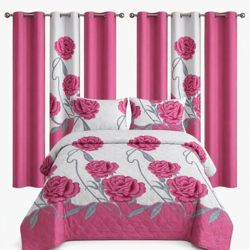9-Piece Pink And White Rose Bedspread And Curtain Set For Queen And King (Option: Queen)