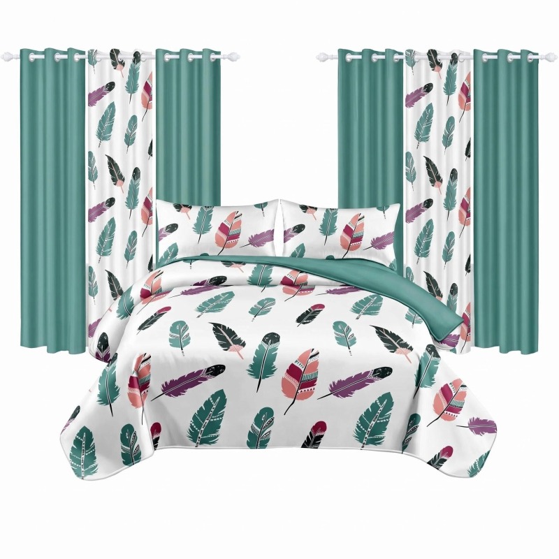 9 Piece Room In A Bag Quilt And Curtain Set, US Designer Boho Feather Print Heavyweight Bedspread With 6 Customizable Window Panels, Pet-Friendly (Option: Cal King)