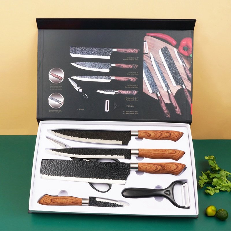 6 PCS Kitchen Knife Sets, Steel Kitchen Knives Set Tools Forged Kitchen Knife Scissors Ceramic Peeler Chef Slicer Knife Gift Case (Option: Black)
