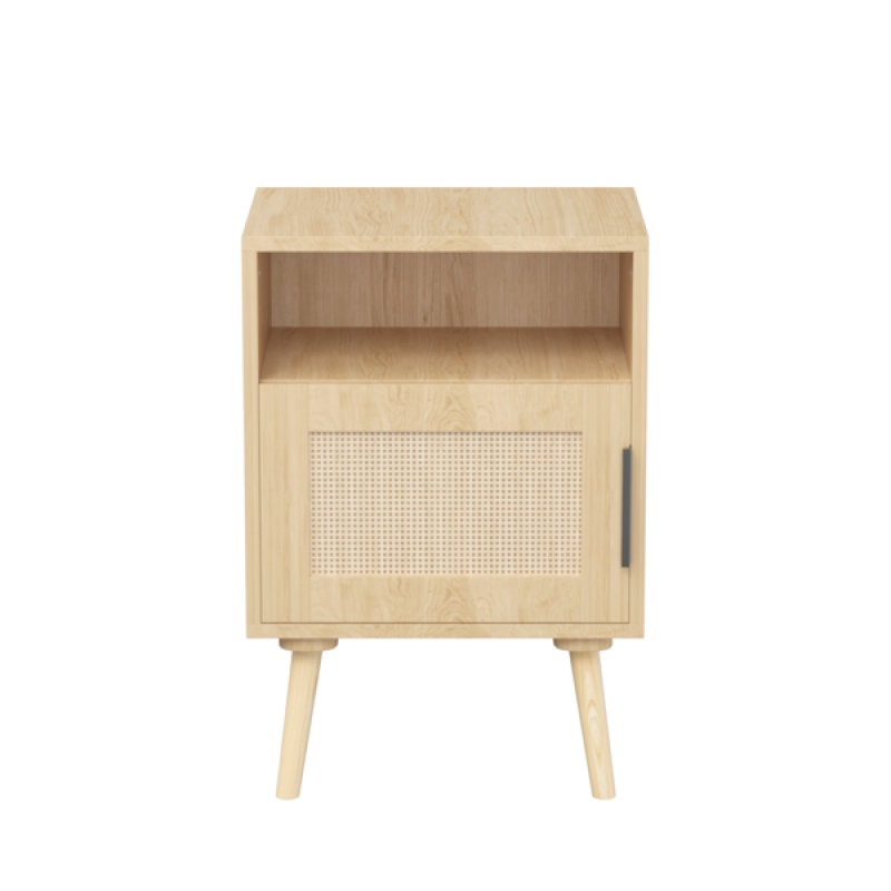 22.83'' H Rattan Nightstand, Side Table with Door Open Shelf, Accent Bedside End Table with Solid Wood Legs for Bedroom, Dorm and Small Spaces, O (Option: default title)