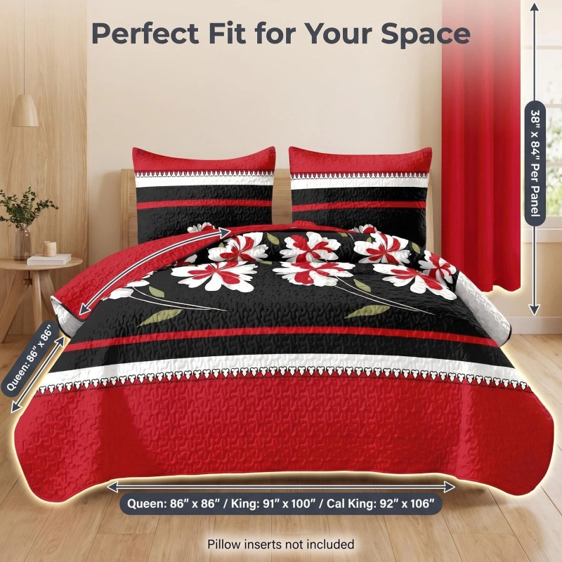 9-Piece Black And Red Floral Bedspread And Curtain Set, Reversible Microfiber Bedding Set For King And California King (Option: California King)