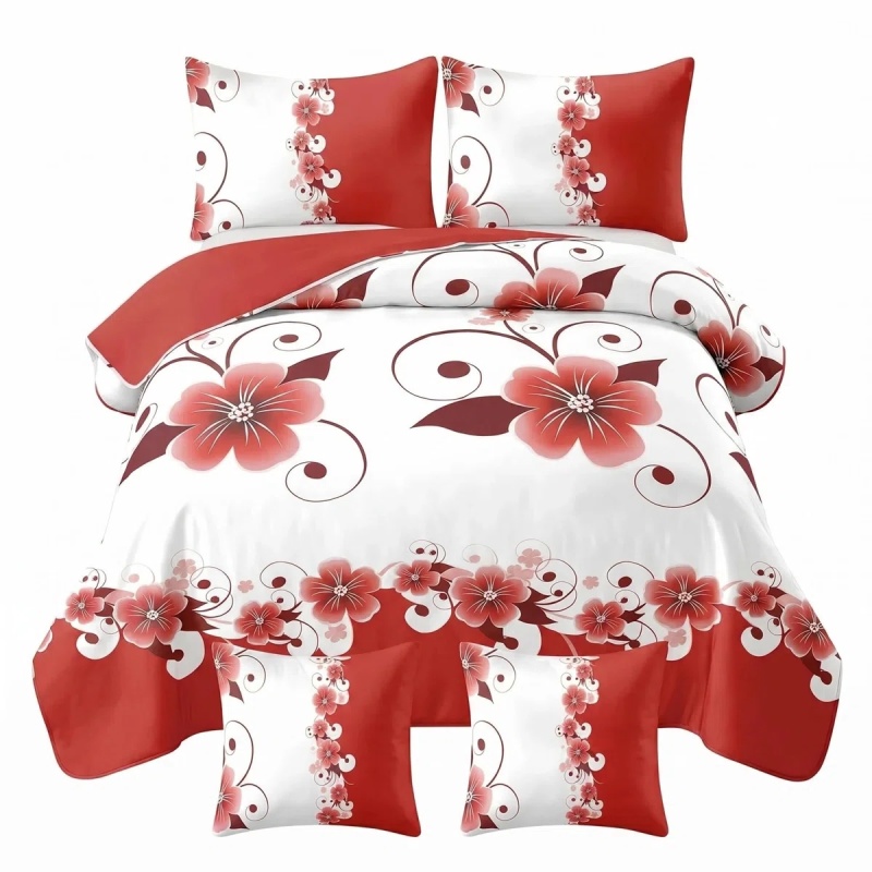 5 Piece Duvet Cover Set, Red And White Floral Bedding, Botanical Comforter Cover, Reversible High Gsm Bed Linen, Matching Pillow Shams, Throw Pil (Option: Cal King)
