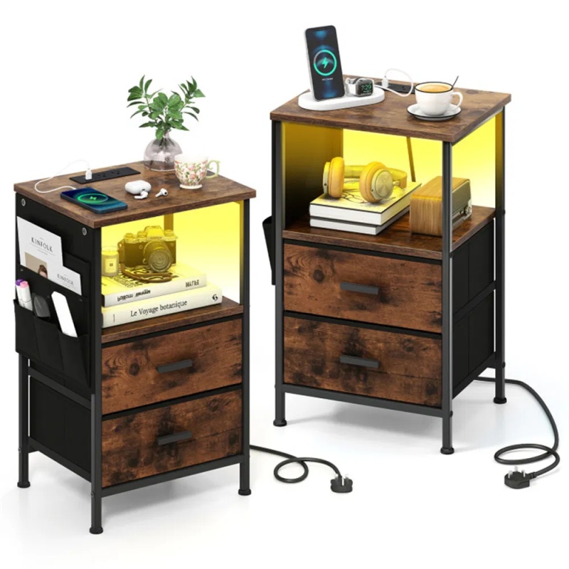 2pcs Nightstand with LED Lights & Charging Station, 2 Folding Fabric Drawers (Option: default title)