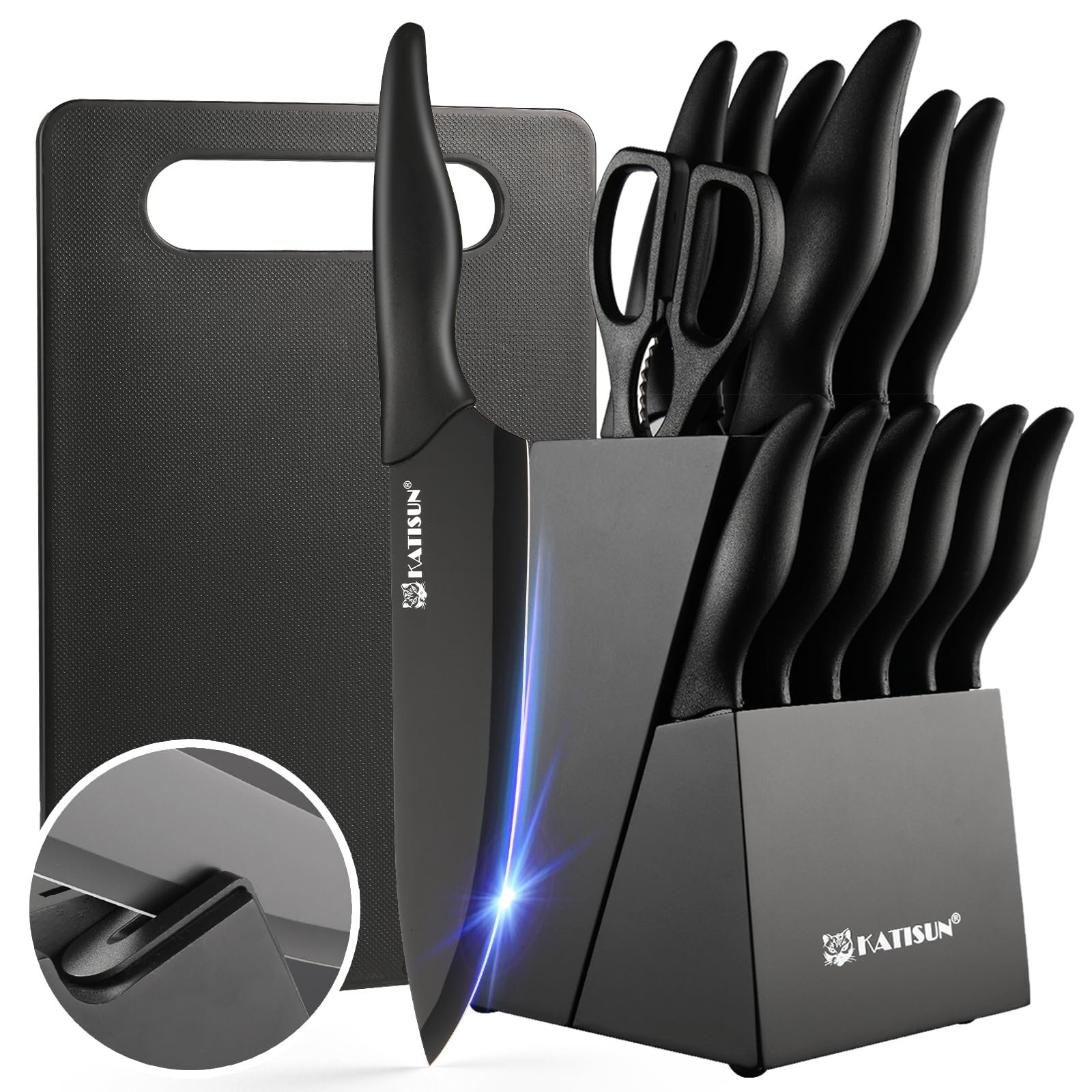 16 Pieces Kitchen Knife Block Set With Cutting Board, German Stainless Steel Knife Set With Sharpener, Dishwasher Safe, Anti-Slip Handle, 6 Steak (Option: Black)