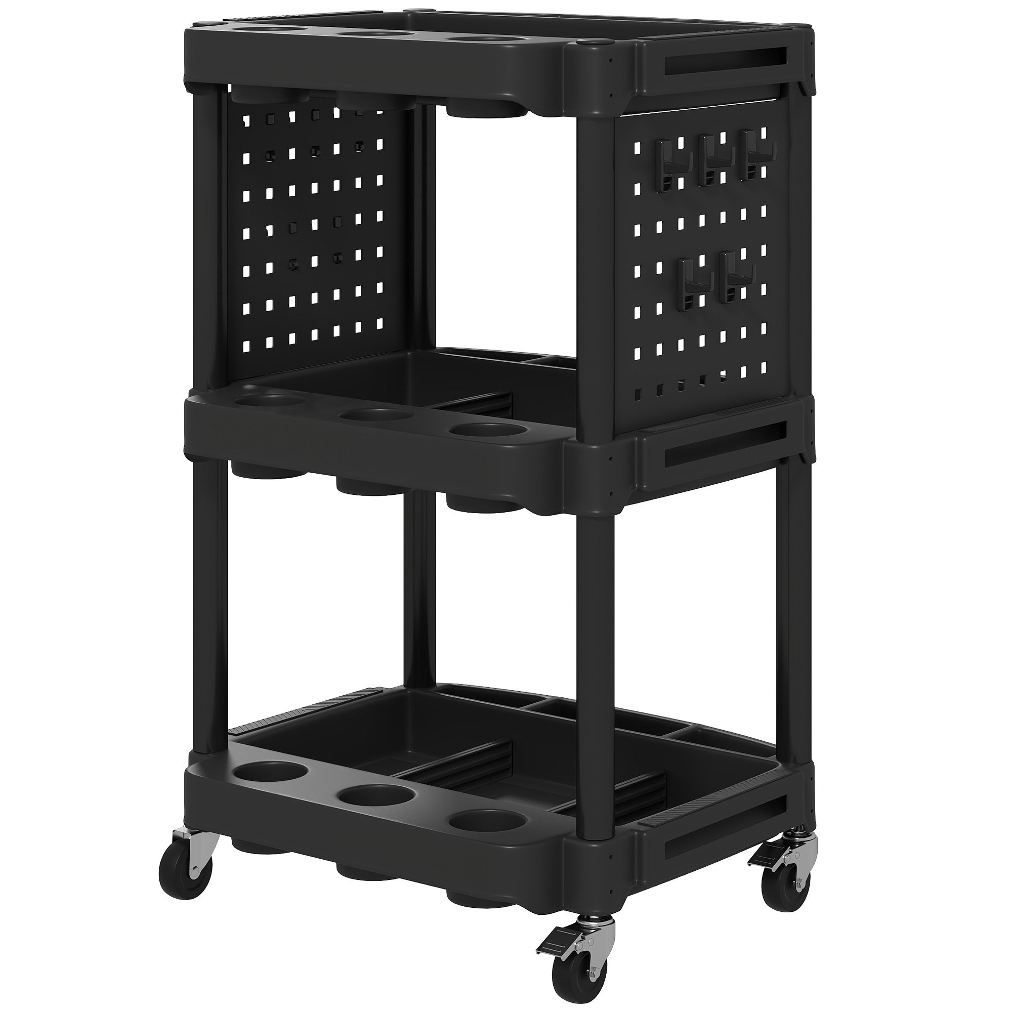 3-Tier Rolling Tool Cart, 200 LBS Capacity Plastic Utility Cart With Side Shelves For Garage, Workshop, Black (Color: Black)