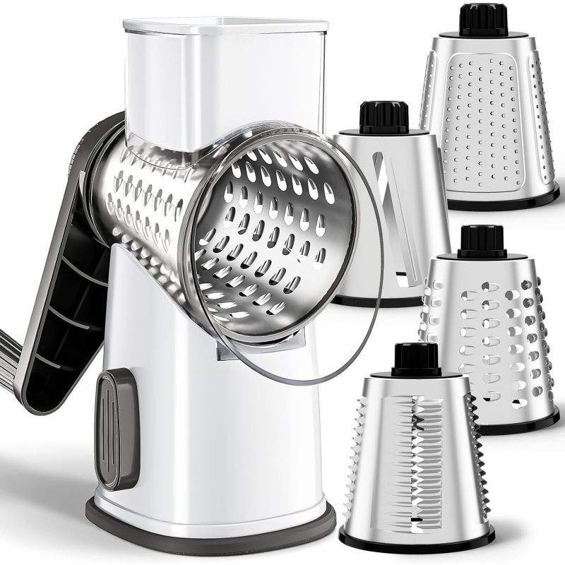 4 In 1 Large Cheese Grater, Hand Crank Rotary Shredder, White, 4 Interchangeable Graters For Cheese & Vegetables (Option: MULTI)
