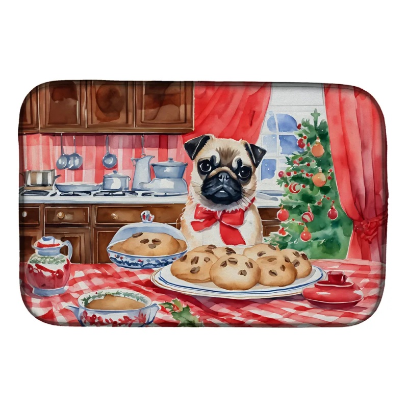 Pug Christmas Cookies Dish Drying Mat Absorbent Dish Drying Mat Pad for Kitchen Counter Dish Drainer Mat for Countertop, 14 x 21", Multicolor (Option: Default)