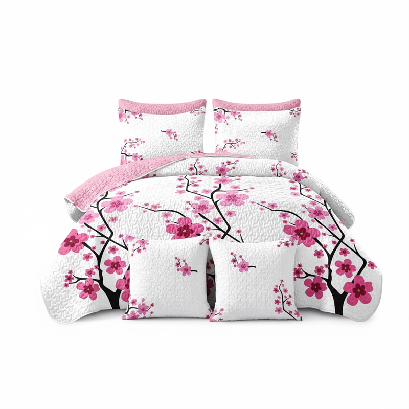 Pink Floral 5-Piece Quilt Set With 2 Matching Pillow Shams And 2 Decorative Pillow Covers, 130 GSM Microfiber Designer Bedspread (Option: Queen)