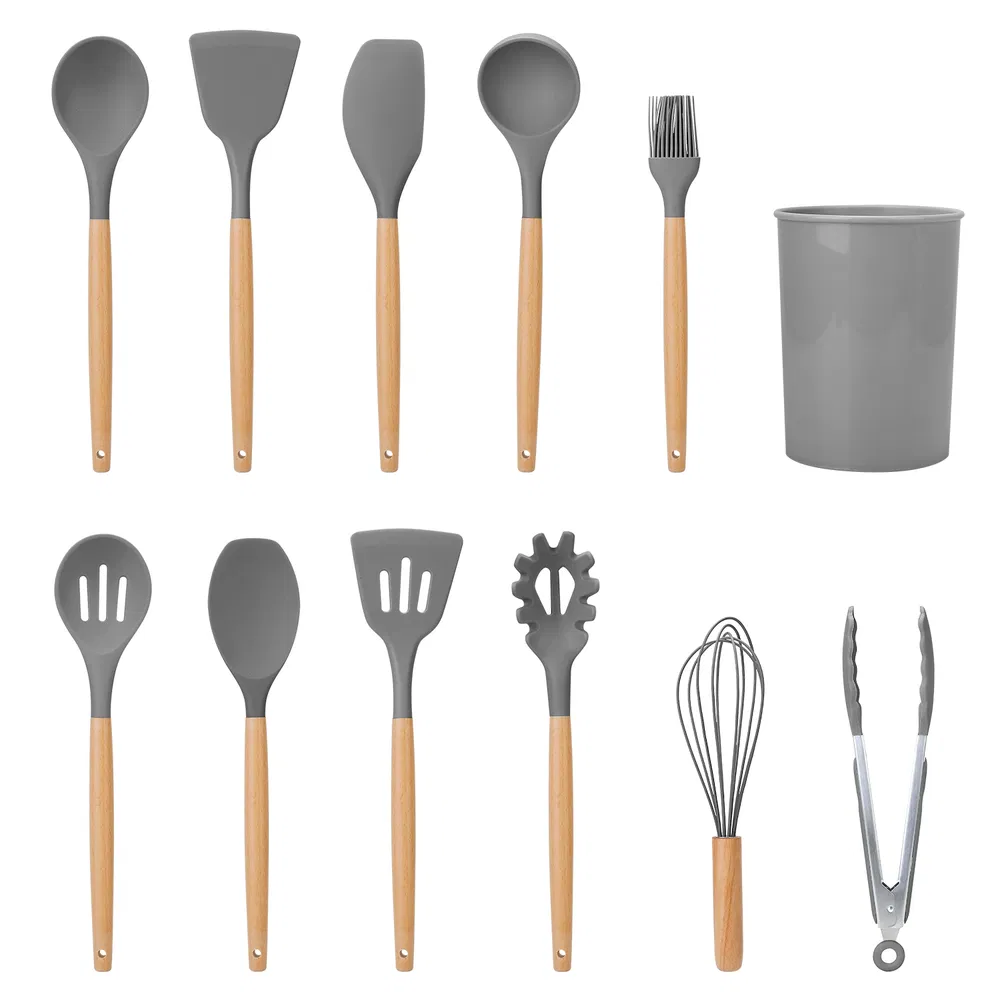 11Pcs Silicone Cooking Utensil Set Heat Resist Wooden Handle Silicone Spatula Turner Ladle Spaghetti Server Tongs (Option: grey)