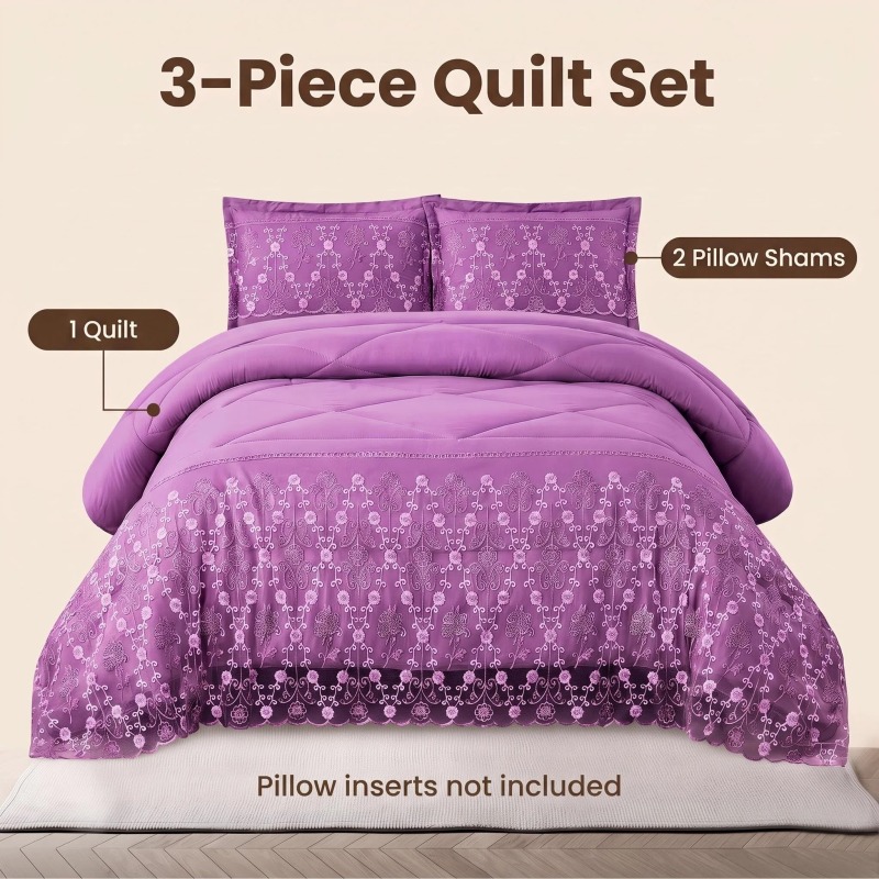 3-Piece Lace Embroidered Comforter Set with 2 Pillow Shams, Elegant Floral Bedding for Queen, King and California King Beds (Option: Purple-King)