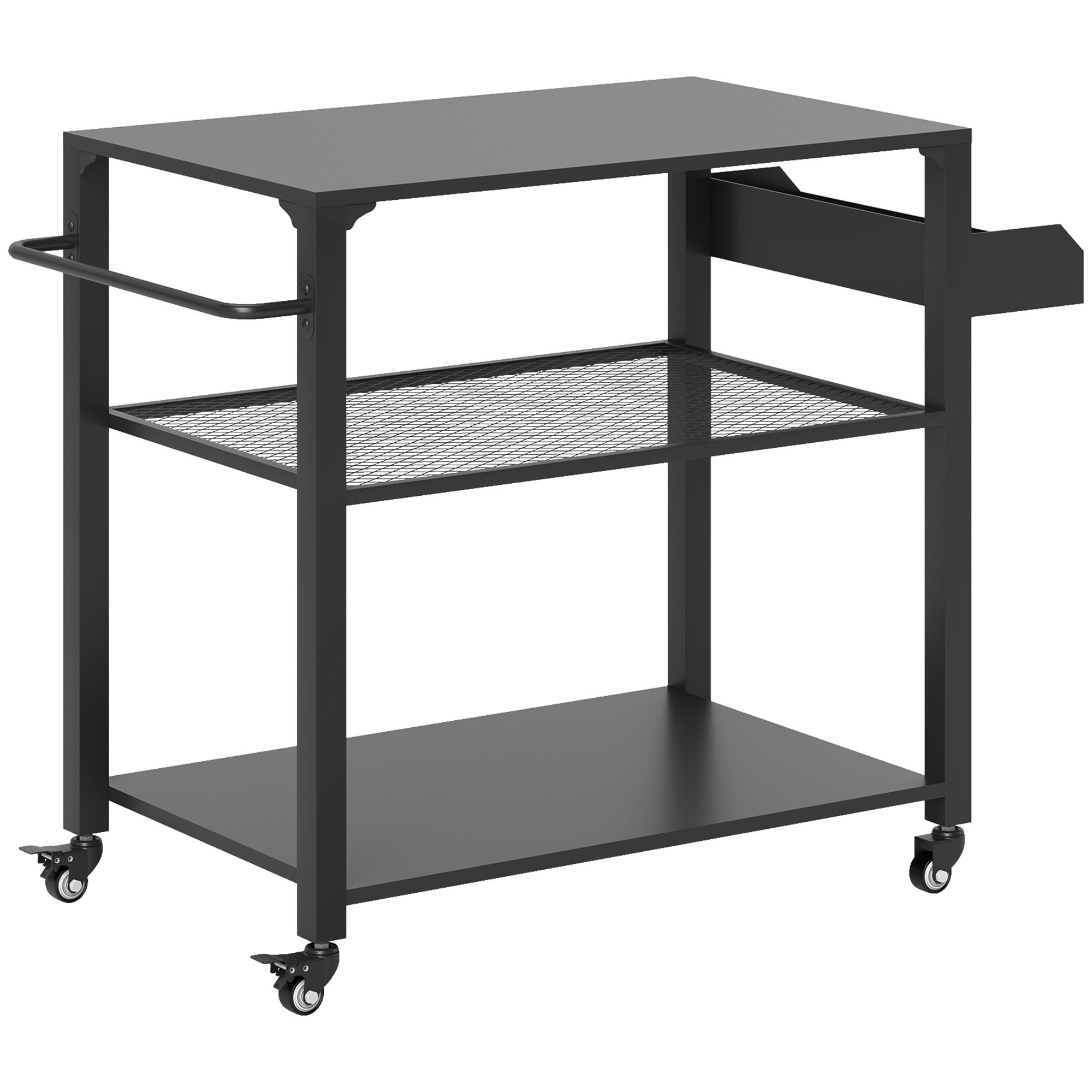 3-Tier Outdoor Grill Cart With Storage Racks, Side Handle, Movable Pizza Oven Table On Wheels (Color: Black)