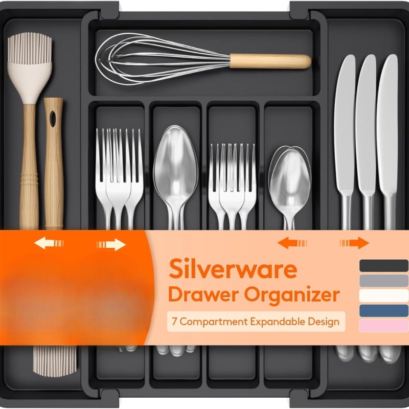 Expandable Silverware Organizer Plastic Utensil Tray For Kitchen Drawer BPA Free Flatware Cutlery Holder Space-Saving Storage For Spoons Forks (Option: Black)