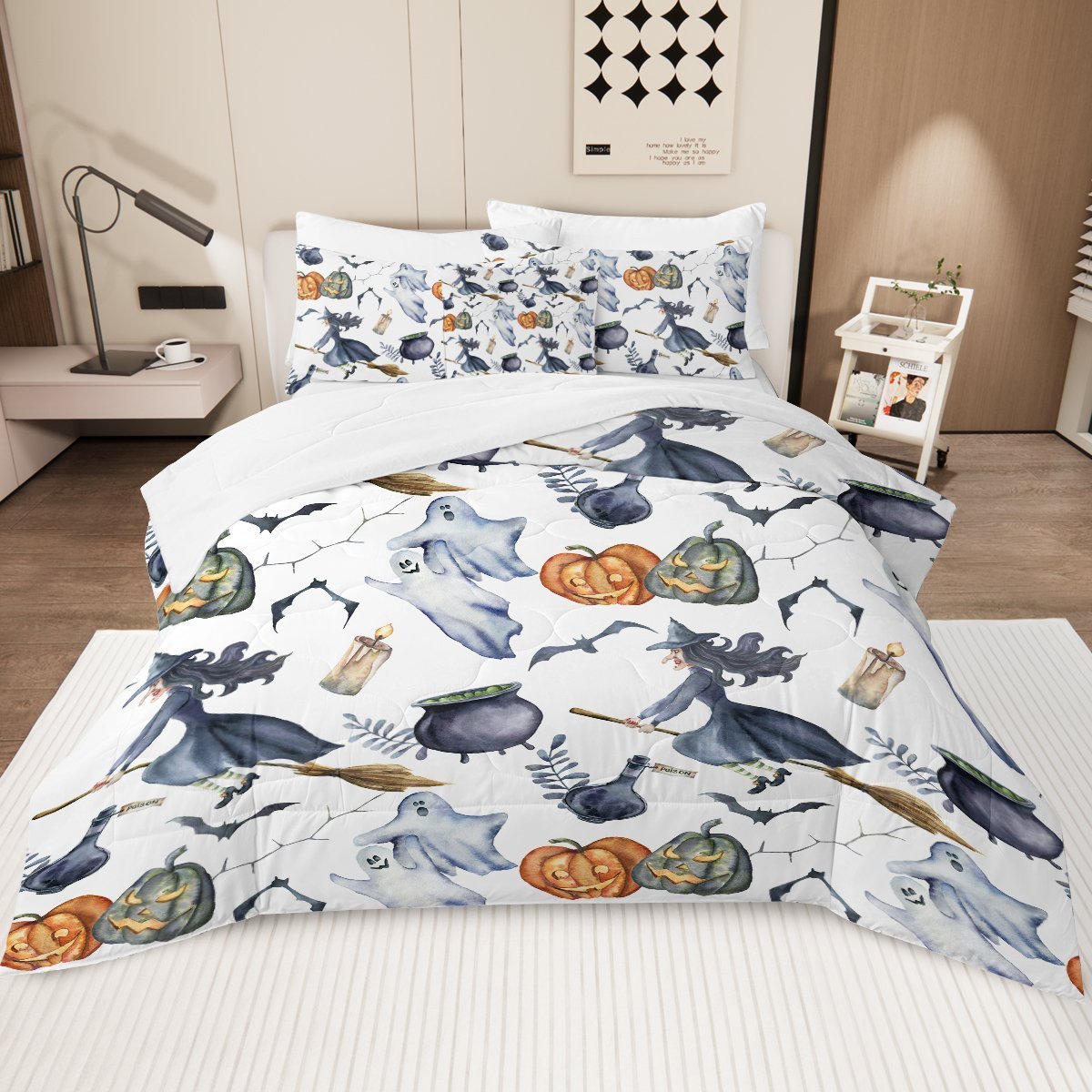 8 Pieces Halloween Comforter Set, Witch Pattern Bed In A Bag Bedding With Comforter Sheet Sham - 1 Comforter, 2 Pillow Shams, 1 Flat Sheet, 1 Fit (Option: Twin-White)