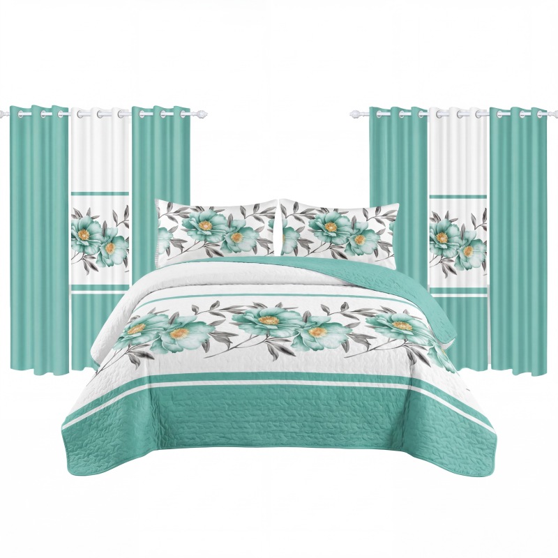 9 Piece Room In A Bag Quilt And Curtain Set, US Designer Teal Floral Botanical Print Heavyweight Bedspread With 6 Customizable Window Panels, Pet (Option: Cal King)