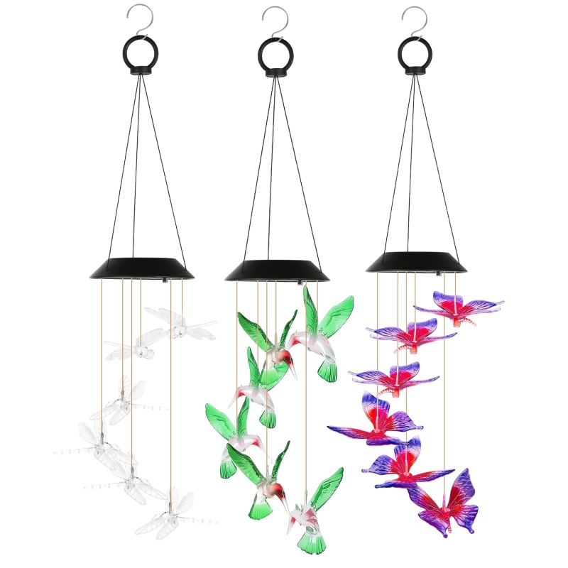3Pack Solar Hummingbird Butterfly Dragonfly Wind Chimes 7 Color Changing Wind Chime For Outside IPX4 Waterproof Outdoor Garden Yard Decor (Option: 3Pcs)