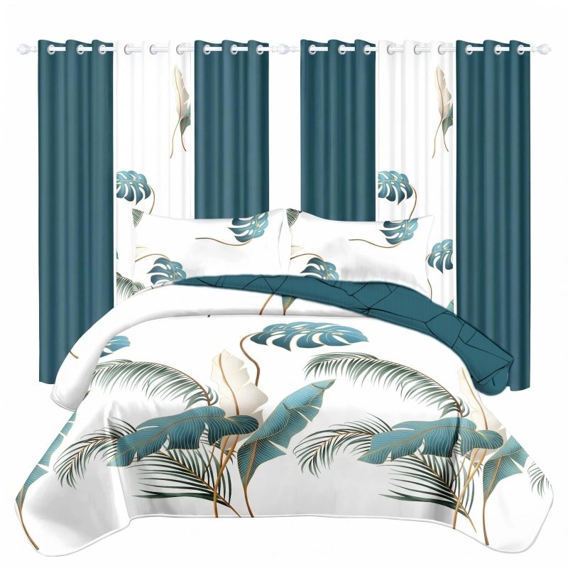 9 Piece Tropical Palm Leaf Quilt Set With 6 Independent Curtains, Heavyweight High-GSM Bedspread And Light Filtering Window Drapes Bundle, Teal B (Option: Cal King)
