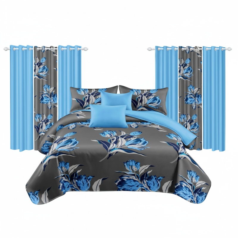 9-Piece Gray And Sapphire Floral Bedspread And Curtain Set, Reversible Microfiber Bedding Set For King And California King (Option: KING)