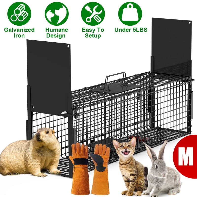 Live Animal Cage Trap For Animals Humane Galvanized Iron Trap Cage For Raccoons Armadillos Foxes Opossums Muskrats Beavers 26in 32in 40in Size Op (Option: Black-M Size 32in-With Glove)