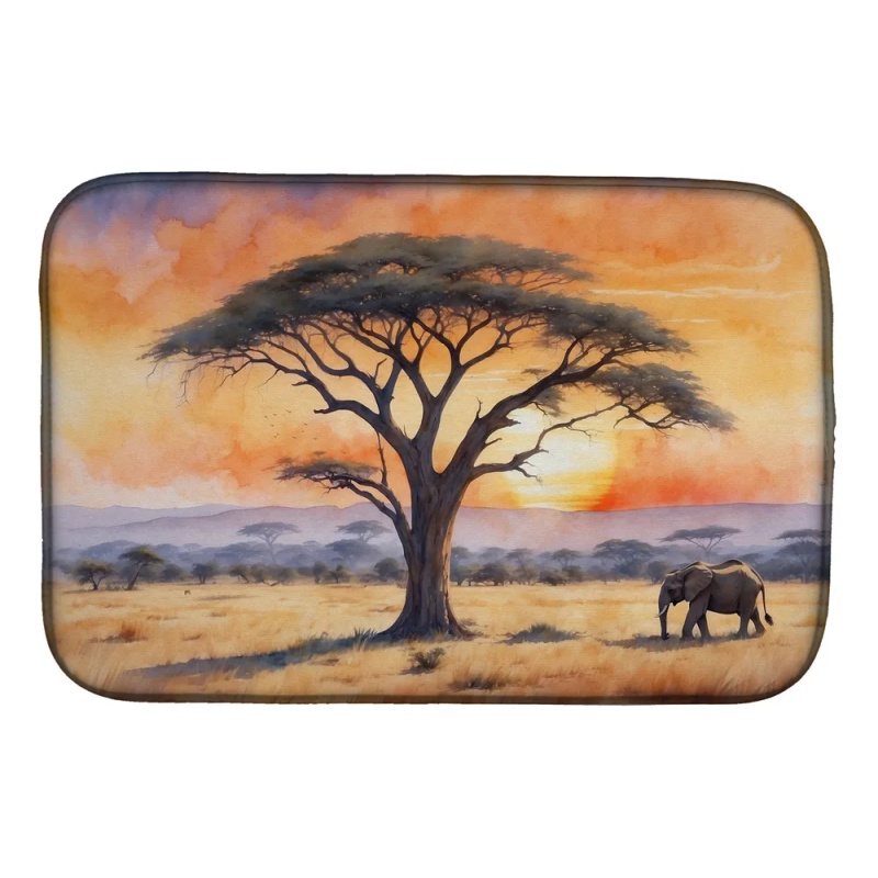 Elephants Savanna Sunrise Dish Drying Mat Absorbent Dish Drying Mat Pad for Kitchen Counter Dish Drainer Mat for Countertop, 14 x 21", Multicolor (Option: Default)