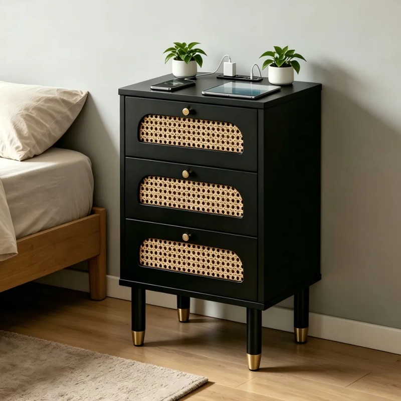 3-Drawer Nightstand with Woven Rattan Fronts and Built-in Power Outlet 15.75"*13.78"*23.82" Black (Option: default title)