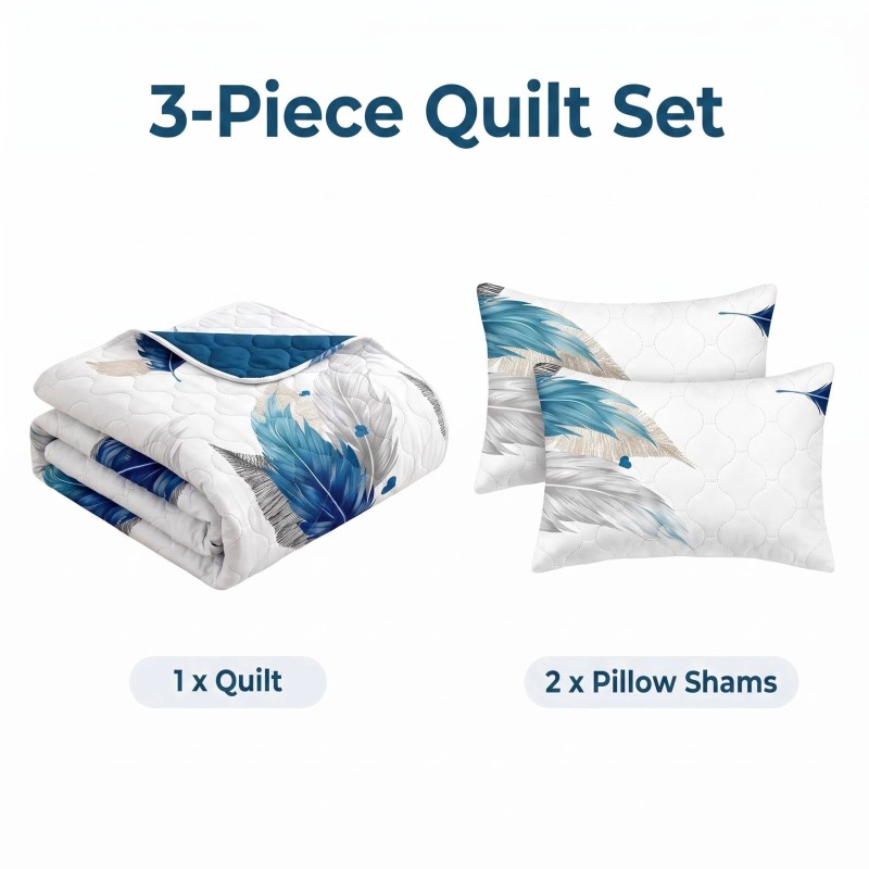 3-Piece Blue Feather Quilted Bedspread Set For King And California King (Option: KING)