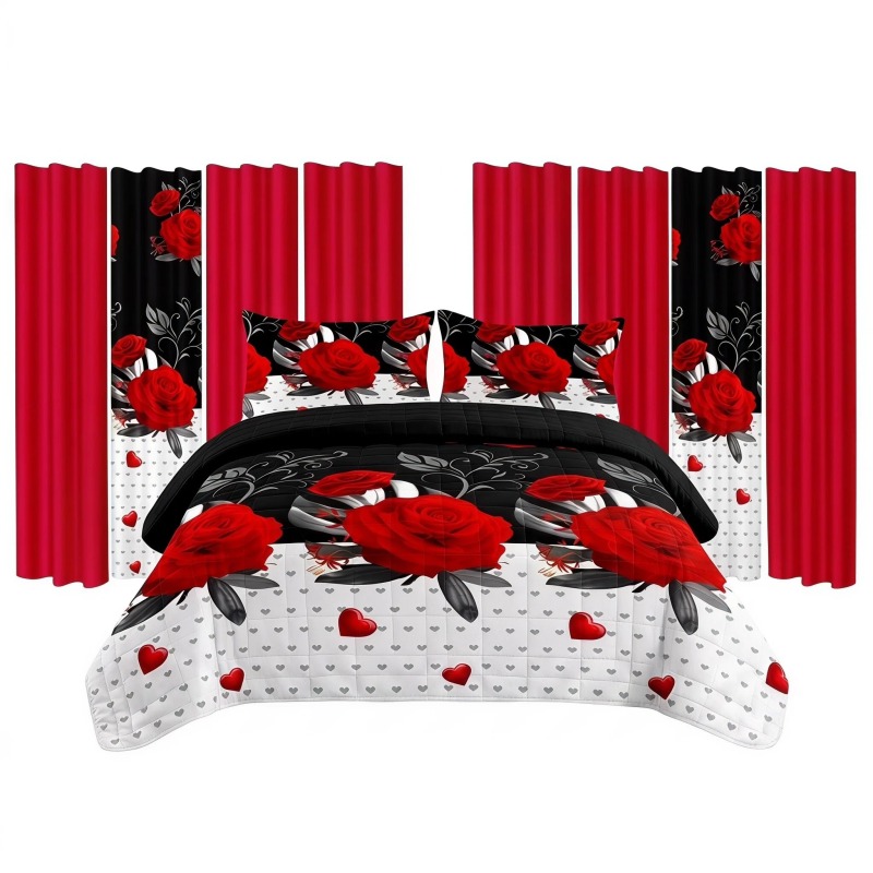 9 Piece Room In A Bag Quilt And Curtain Set, US Designer Romantic Red Rose Print Heavyweight Bedspread With 6 Customizable Window Panels, Pet-Fri (Option: Cal King)