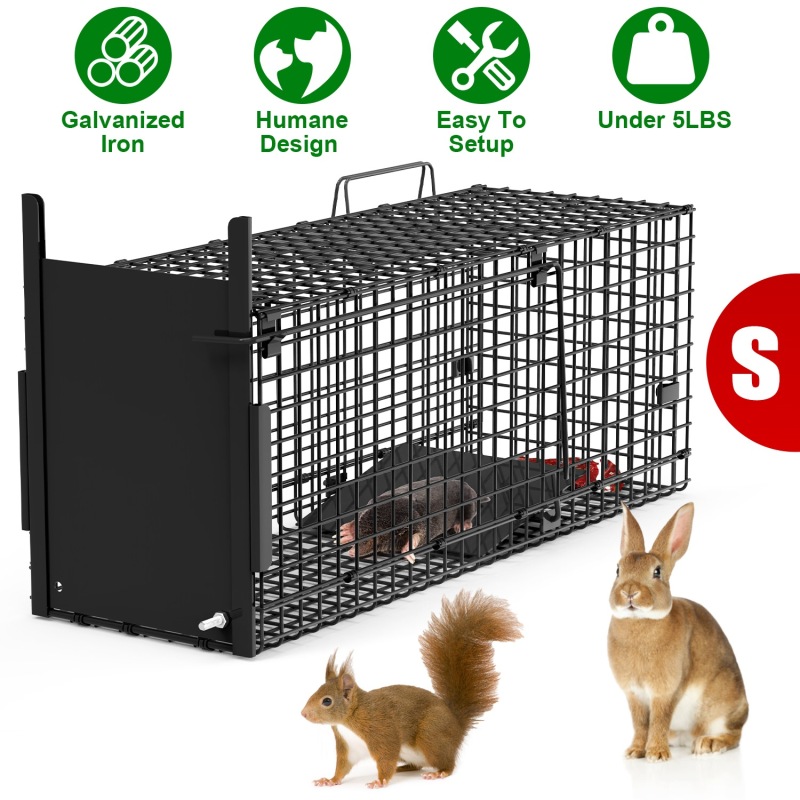 Live Animal Cage Trap For Animals Humane Galvanized Iron Trap Cage For Raccoons Armadillos Foxes Opossums Muskrats Beavers 26in 32in 40in Size Op (Option: Black-S Size 26in-No Glove)