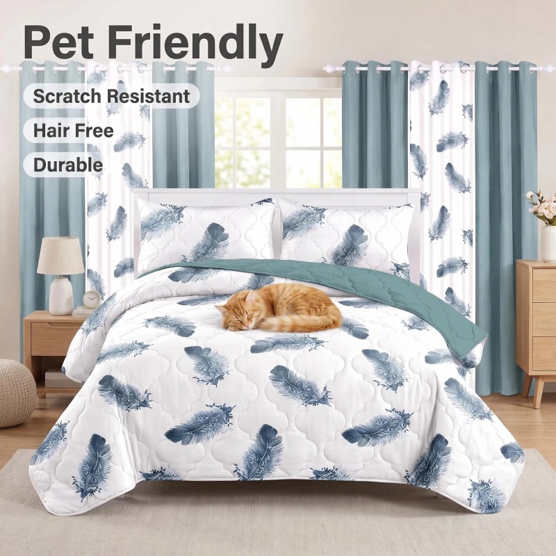 9-Piece Blue Feather Bedspread And Curtain Set, Reversible Microfiber Bedding Set For Queen And King (Option: KING)