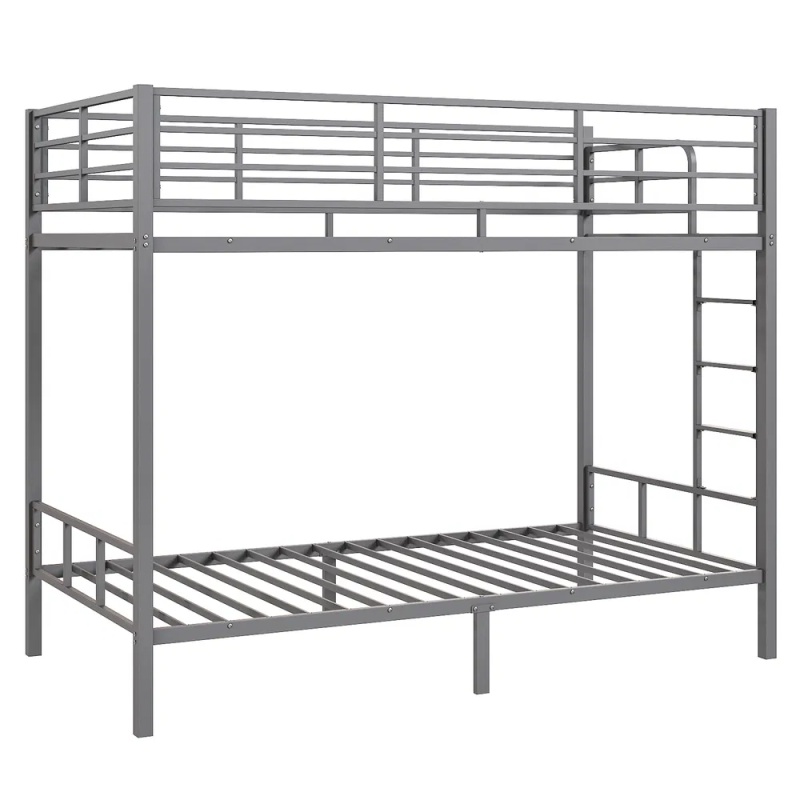 Grey Twin Bunk Bed Square Tube High Guardrail Side Ladder Opening Iron Bed (Option: default title)
