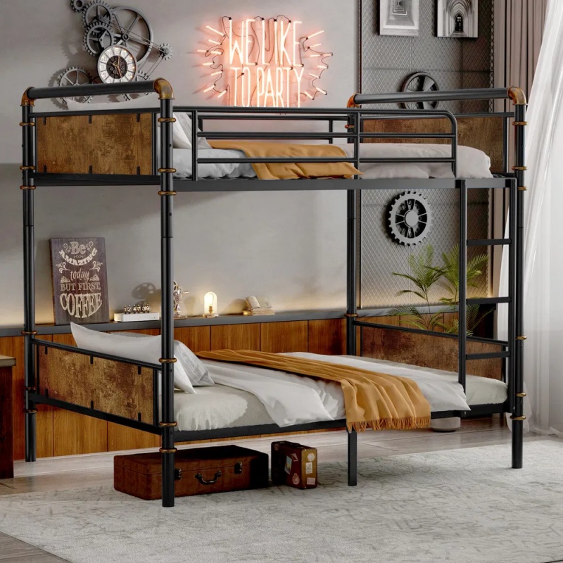 Twin XL Over Twin XL Metal Bunk Bed, Industrial Detachable Bunkbeds With Safety Guard Rails For Teens, Black (Option: defaulttitle)