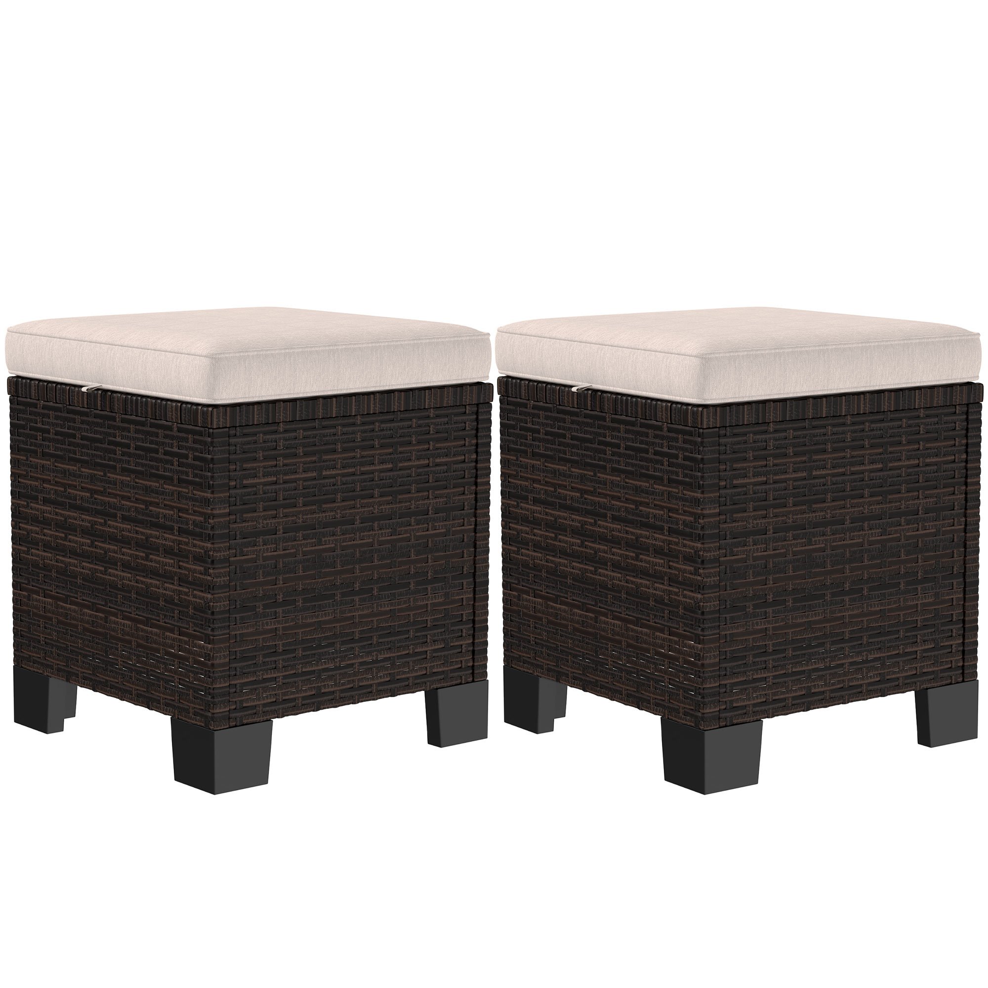 2 Piece Wicker Outdoor Ottomans With Cushions, Rattan Ottoman Footrest And Side Table For Patio, Yard, Poolside, Cream (Option: Cream)