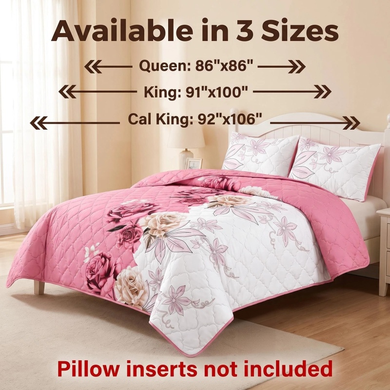 3-Piece Pink Rose Quilted Bedspread Set For King And California King (Option: California King)