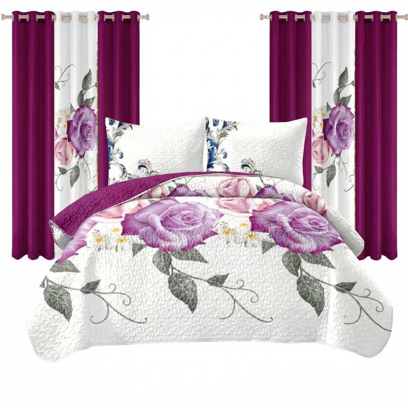 9 Piece Room In A Bag Quilt And Curtain Set, US Designer Deep Magenta Purple Rose Floral Print Heavyweight Bedspread With 6 Customizable Window P (Option: Cal King)