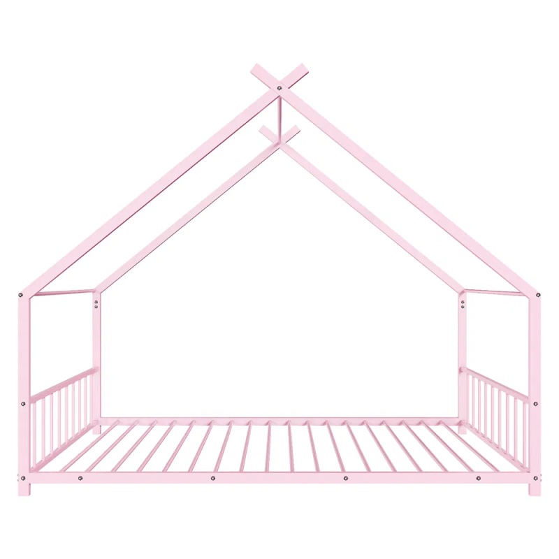 Pink Flat Bed House Shape with Side Guardrails Twin Children's Iron Bed (Option: default title)