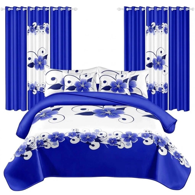 12-Piece Blue Floral Bedroom Set With Duvet Cover, Fitted Sheet, Pillowcases & Curtains, Microfiber (Option: CALKING)