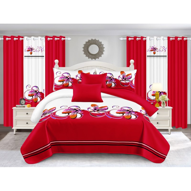 9-Piece Red And White Butterfly Bedspread And Curtain Set For California King (Option: California King)