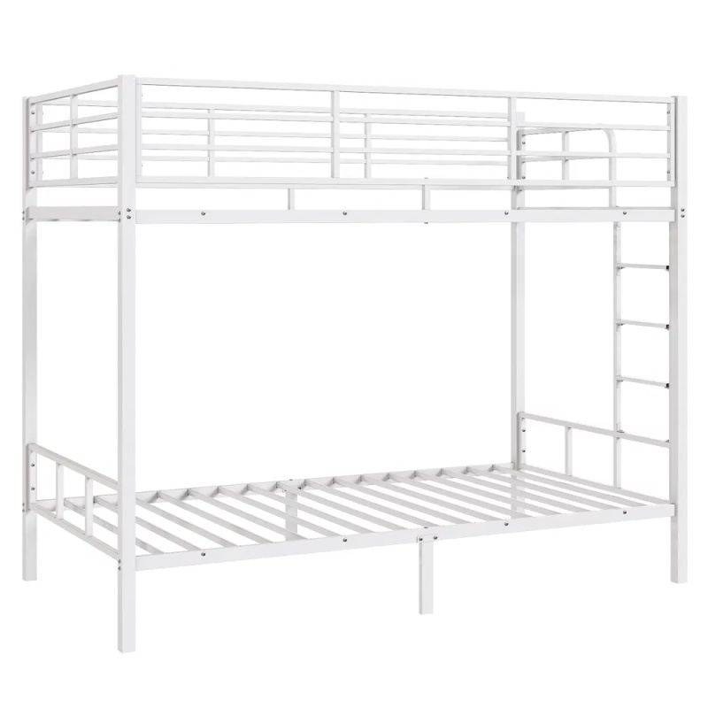 White Twin Bunk Bed Square Tube High Guardrail Side Ladder Opening Iron Bed (Option: default title)