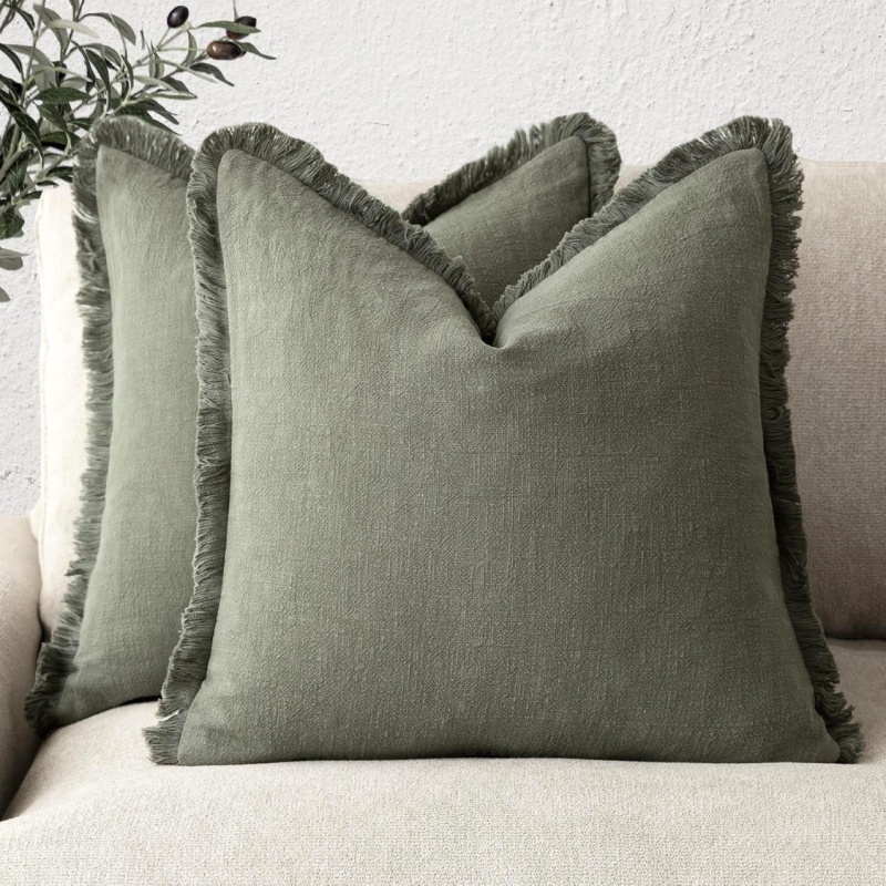Decorative Linen Fringe Throw Pillow Cover 18x18 Inch, Olive Green Accent Cushion Case (Option: Olive Green)