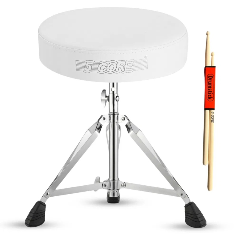 5 CORE Drum Throne Padded Guitar Stool Height Adjustable Music Chair Seat Universal For Adults & Kids With Anti Slip Rubber Feet - DS CH WH (Option: White)