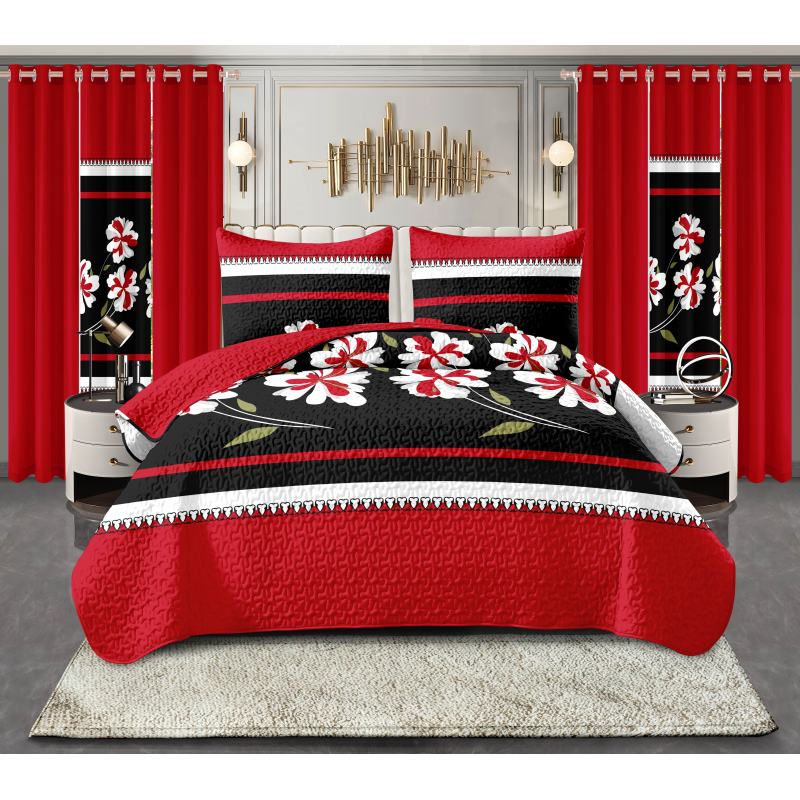 9-Piece Black Red Floral Bedspread Set With Curtains, Quilted Microfiber Bedding Set For Twin XL, King And Cal King (Option: Twin XL)