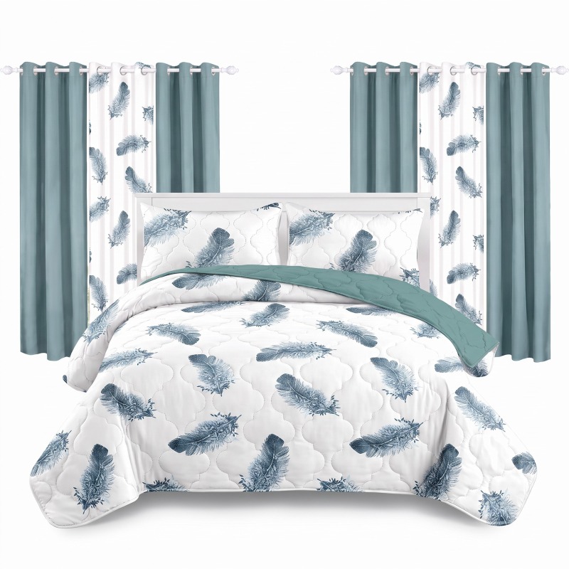 9-Piece Blue Feather Bedspread And Curtain Set, Reversible Microfiber Bedding Set For Queen And King (Option: Queen)