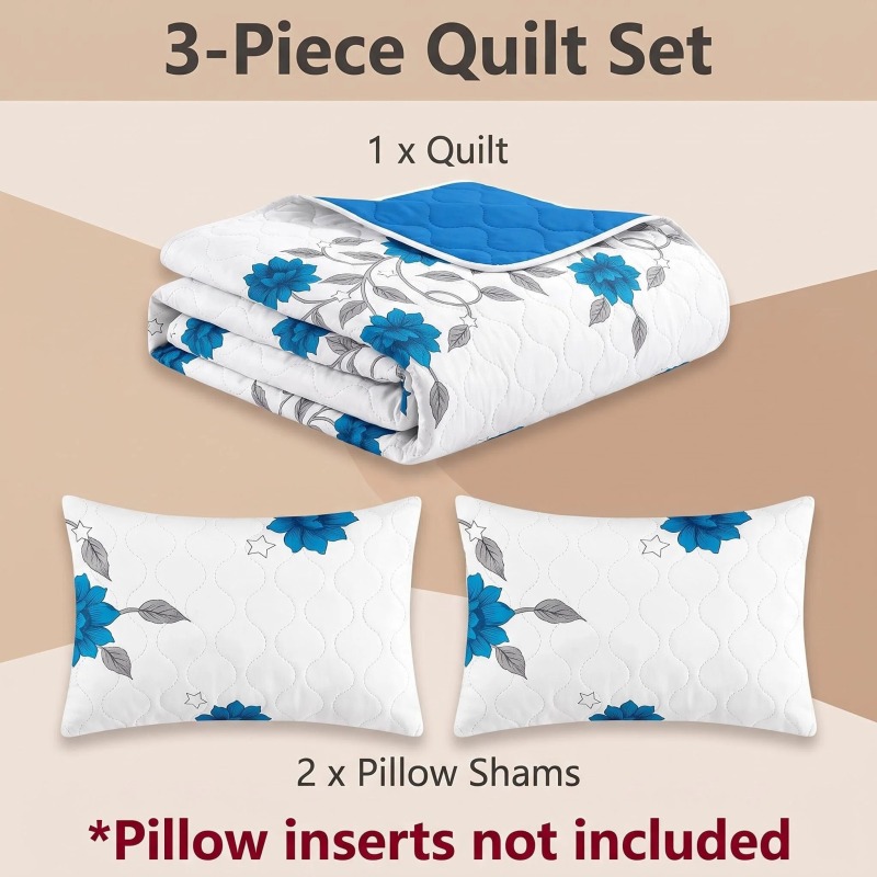 3-Piece Gray Blue Floral Vine Quilted Bedspread Set For King And California King (Option: California King)