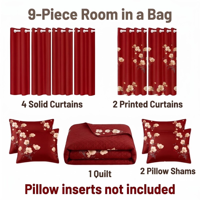 9-Piece Red Floral Quilt and Curtain Set, Reversible Microfiber Bedspread with 2 Pillow Shams and 6 Window Curtains, Queen, King and California K (Option: KING)