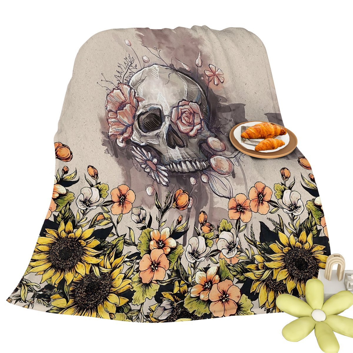 Rustic Skull Sunflower Flannel Fleece Blanket Floral Skull Flannel Soft Plush Throw Blanket Cozy Blankets For Bed Chair Car Sofa Couch Bedroom 75 (Option: 75cmx100cm-Multicolor)