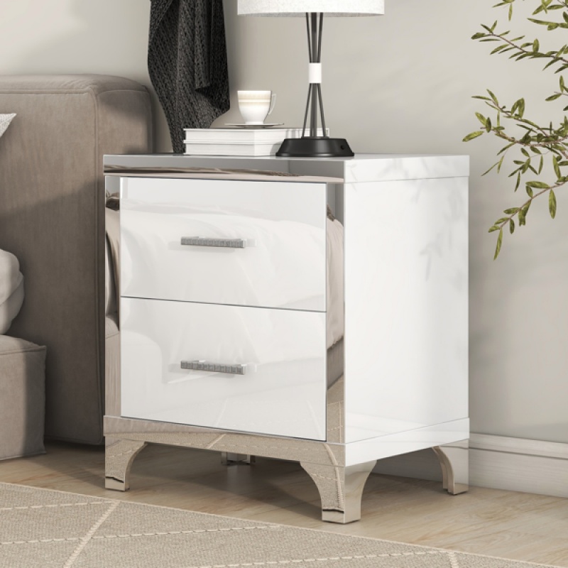 Elegant High Gloss Nightstand With Metal Handle,Mirrored Bedside Table With 2 Drawers For Bedroom,Living Room,White (Option: defaulttitle)
