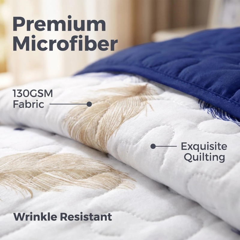 3-Piece White Gold And Blue Feather Quilted Bedspread Set For King And California King (Option: KING)
