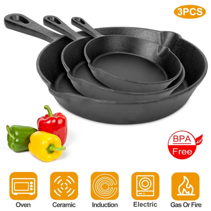 3Pcs Pre-Seasoned Cast Iron Skillet Set 6/8/10in Non-Stick Oven Safe Cookware Heat-Resistant Frying Pan (Option: Black)