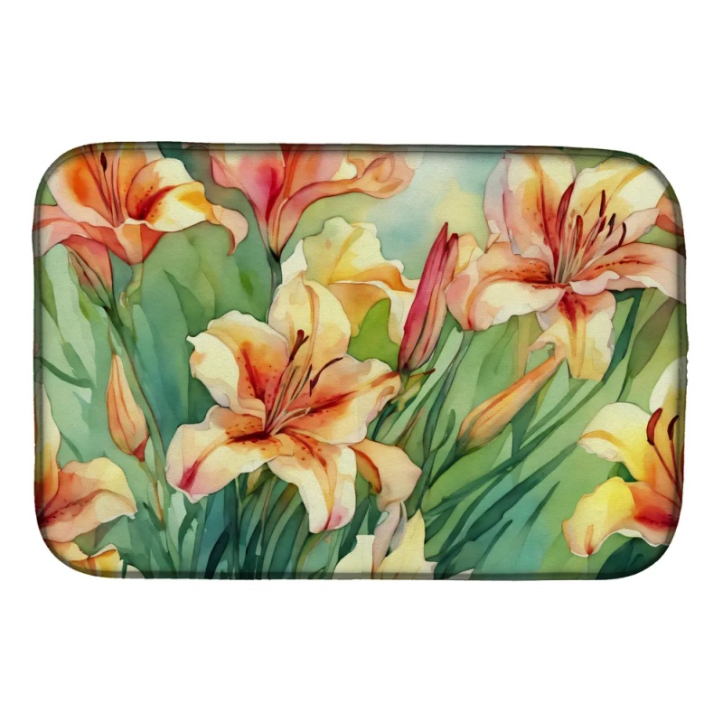Utah Sego Lilies in Watercolor Dish Drying Mat Absorbent Dish Drying Mat Pad for Kitchen Counter Dish Drainer Mat for Countertop, 14 x 21", Multi (Option: Default)