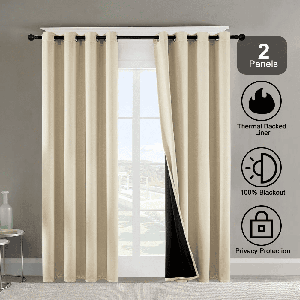Polyester Grommets Thermal Insulated With Coated Lining 52 In. W X 84 In. L Indoor Blackout Curtains 3 Colors Available,Set Of 2 (Option: Beige)